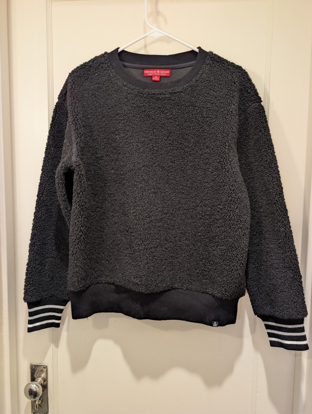 Krimson Klover Black Terry Crewneck Sweater with Striped Cuffs